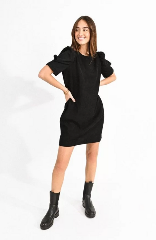 Mini Velvet Dress with Puff Sleeves - Black