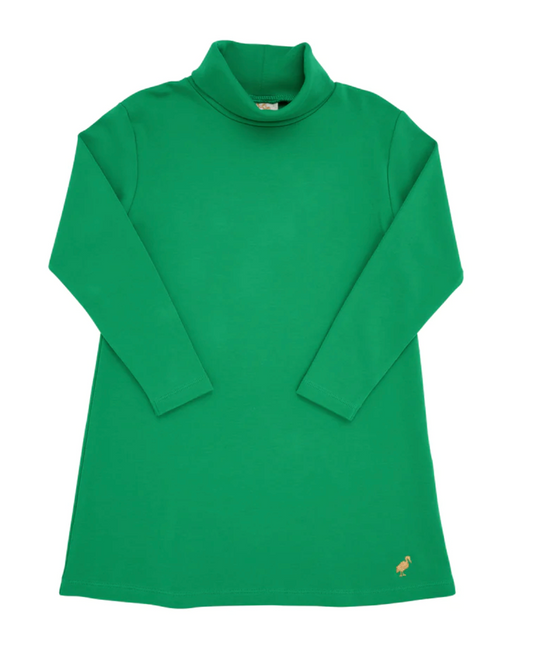 Tatum's Turtleneck Dress Kiawah Kelly Green With Metallic Gold Stork