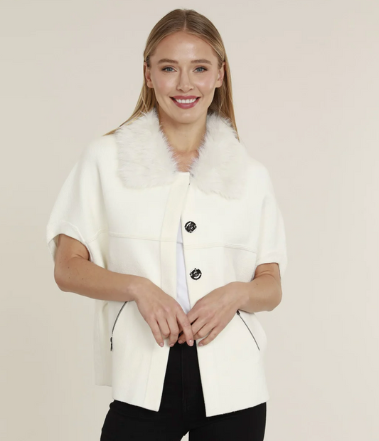 Faux Fur Collar Structured Cardigan - Ivory