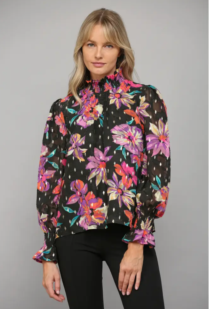 Floral Print with Foil Smocked High Neck Blouse