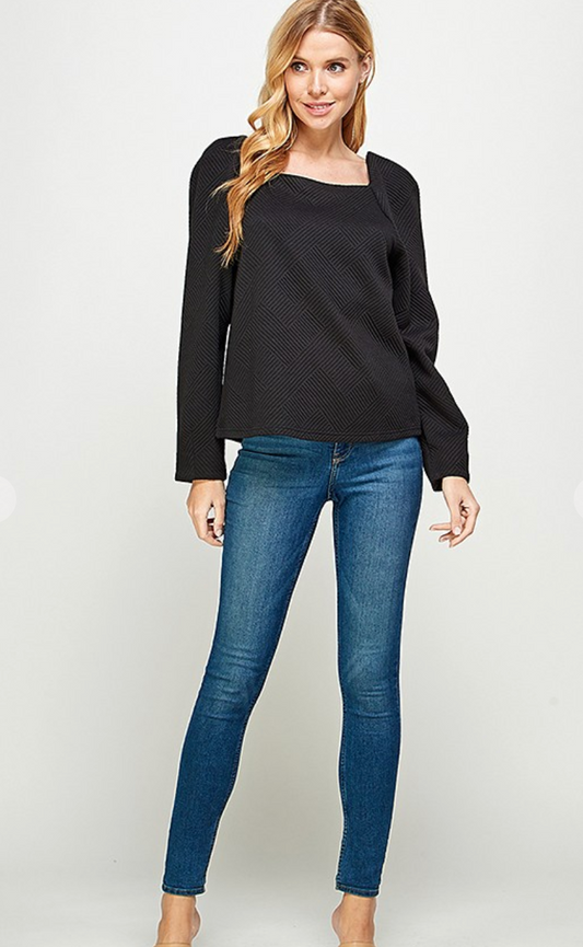 Textured Long Sleeve Boat Neck Top- Black