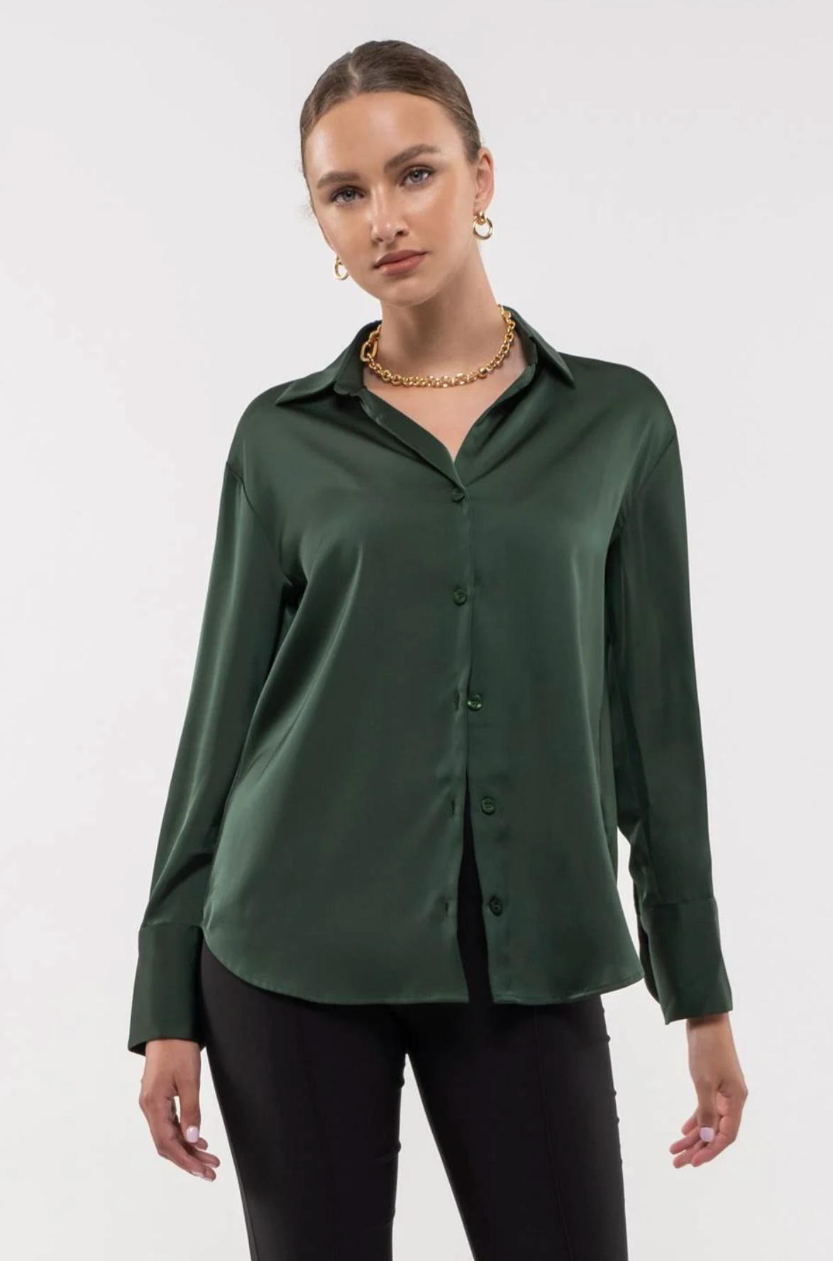 Solid Button Up Long Sleeve Top - Hunter Green
