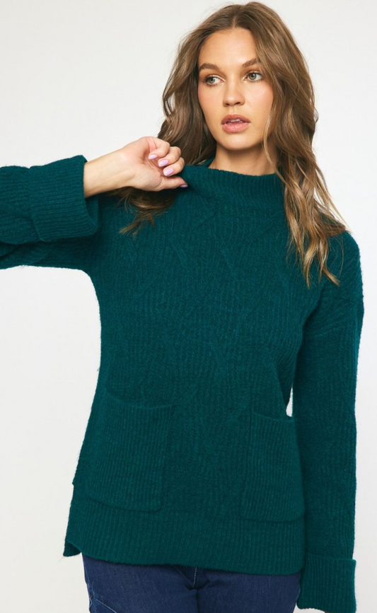 Cable Knit High Neck Sweater - Hunter Green