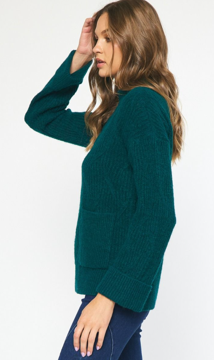 Cable Knit High Neck Sweater - Hunter Green