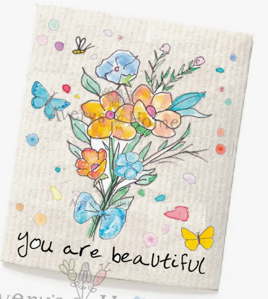 You Are Beautiful Flower Bouquet Swedish Dish Towel