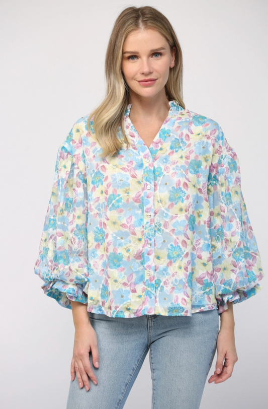 Embroidered Jacquard Fabric Bubble Sleeve Blouse - Blue