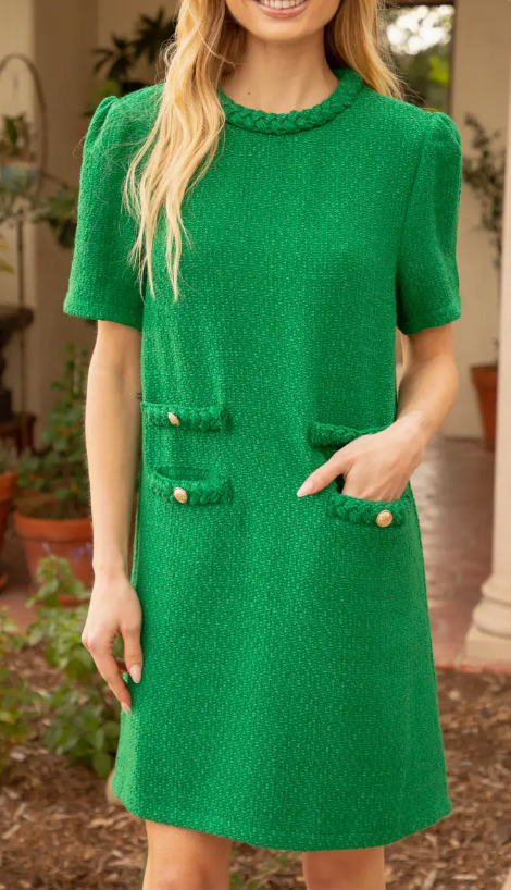 Braid Neck Double Pocket Tweed Dress - Green