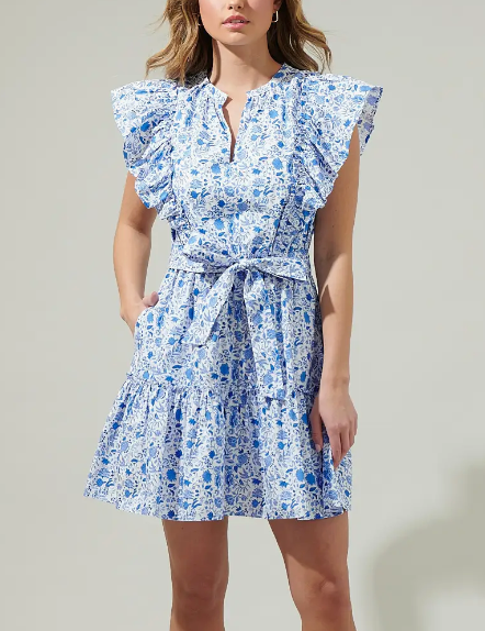 Luray Floral Ruffle Mini Dress - Blues-White