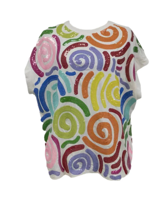 QUEEN OF SPARKLES  White Multi Squiggle Tee