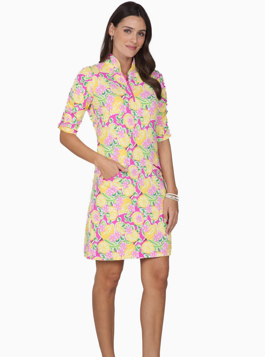 Calista Print Ruched Elbow Dress - Hot Pink