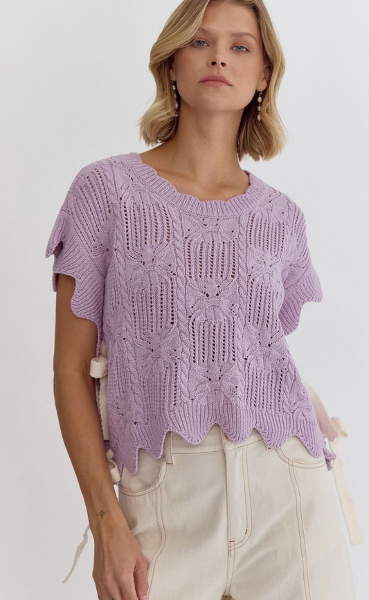 Crochet Knit Short Sleeve Top - Lavender