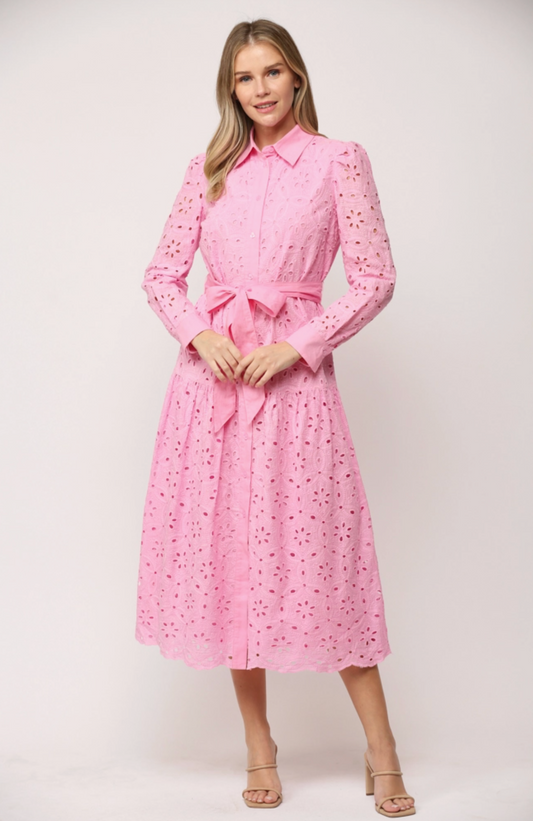 Belted Button Front Lace Midi Dress - Pink