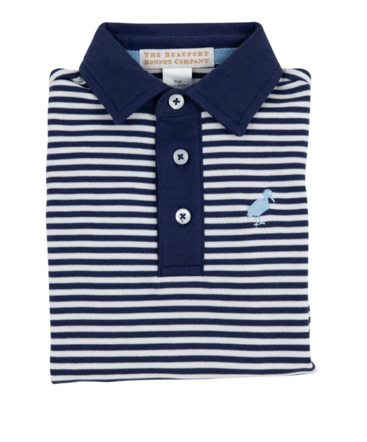 Long Sleeve Prim & Proper Polo & Onesie Nantucket Navy Stripe With Beale Street Blue Stork