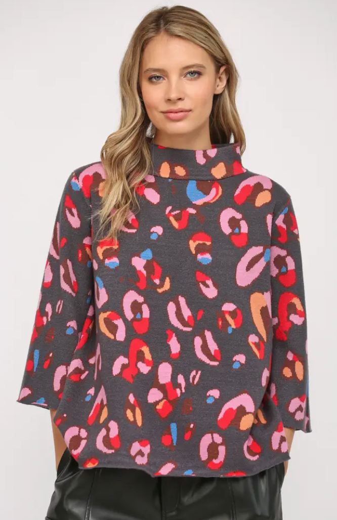 Animal Pattern Mock Neck Bell Sleeve Sweater