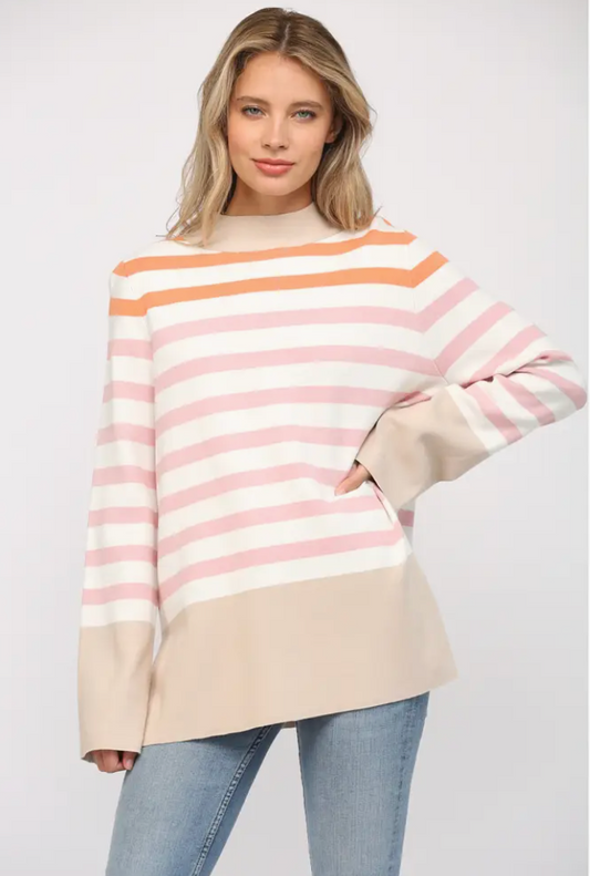Stripe Mock Neck Bell Sleeve Tunic Sweater