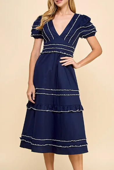 V Neckline Striped Midi Dress - Navy