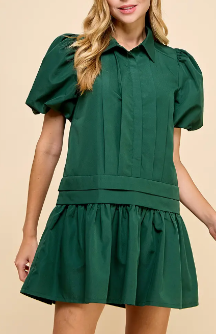 Pleat Detail Puff Sleeves Shirt Dress - Hunter Green