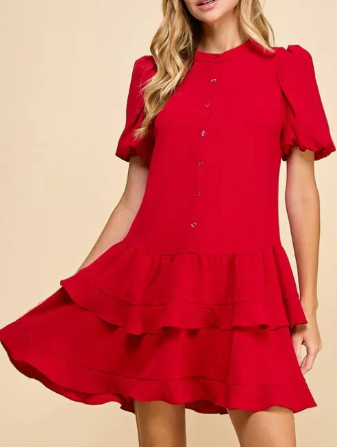 Tiered Skirt Button Down Dress - Crimson