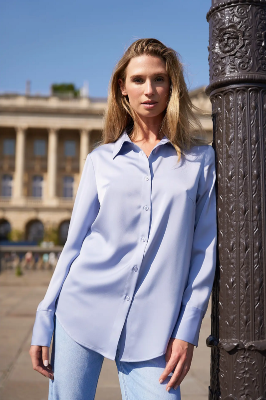 Plain Satin Shirt with Lapel Collar - Duck Blue