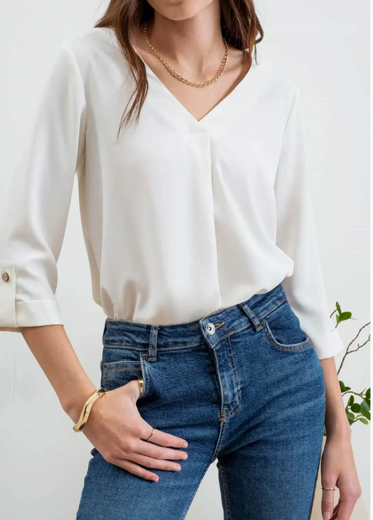 Solid V Neck 3/4 Tab Sleeve Blouse