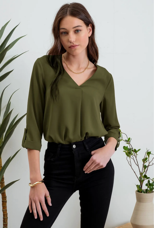 Solid V Neck 3/4 Tab Sleeve Blouse