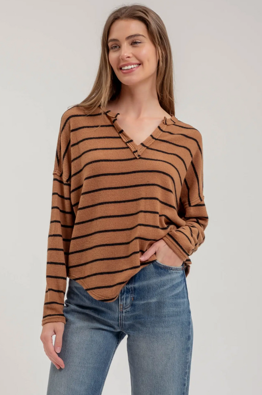 Stripe Exposed Seam Split Neck Knit Top