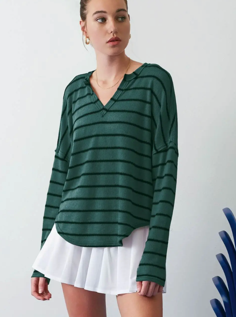 Stripe Exposed Seam Split Neck Knit Top