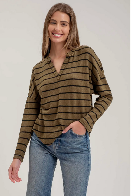 Stripe Exposed Seam Split Neck Knit Top