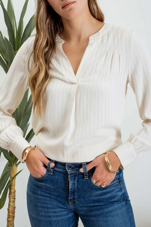 Stripe Pleated Shoulder Long Sleeve Blouse-Cream