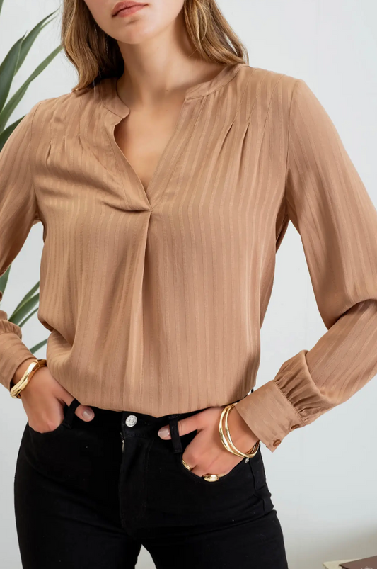 Stripe Pleated Shoulder Long Sleeve Blouse-Khaki