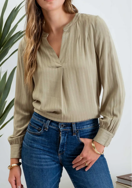 Stripe Pleated Shoulder Long Sleeve Blouse-Light Olive