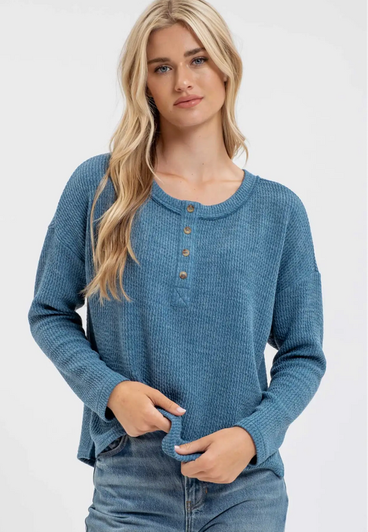 Waffle Knit Henley Long Sleeve Knit Top-Dusty Teal