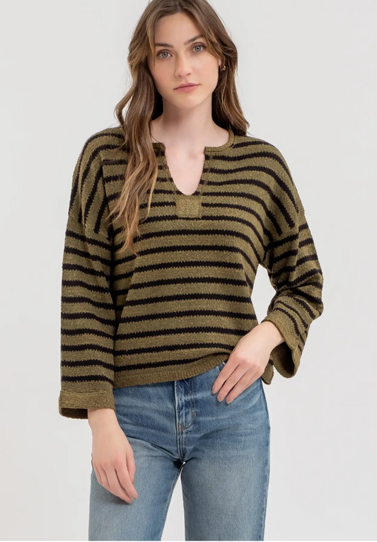 Stripe Split Neck Long Sleeve Knit Sweater-Olive