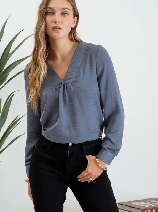 Textured Satin V Neck Long Sleeve Blouse-Denim Blue