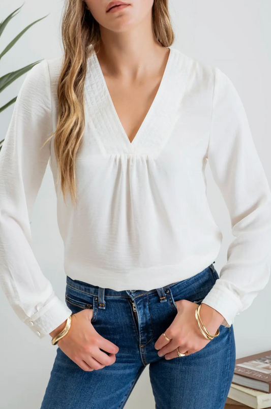 Textured Satin V Neck Long Sleeve Blouse-Ivory