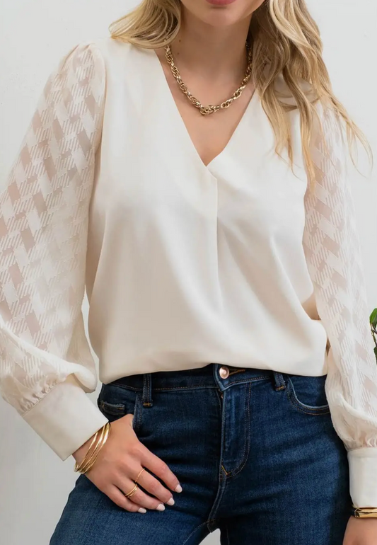 V Neck Back Buttoned Sheer Plaid Long Sleeve Blouse-Ivory