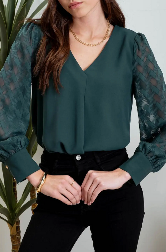 V Neck Back Buttoned Sheer Plaid Long Sleeve Blouse-Hunter Green