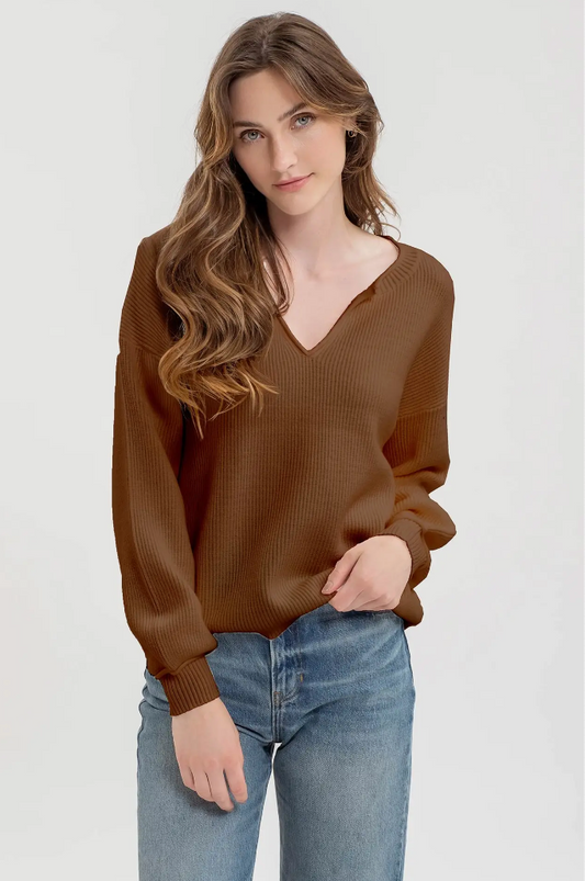 Split Neck Drop Shoulder Knit Pullover Sweater-Cinnamon