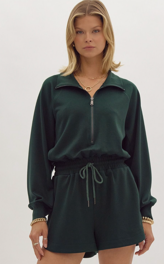 Long Sleeve Half Zip Collared Romper-Hunter Green