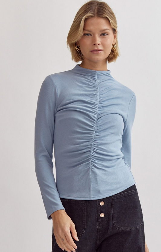 Ribbed Mock Neck Long Sleeve-Blue Blush