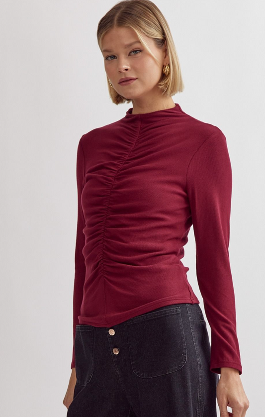 Ribbed Mock Neck Long Sleeve-Wine