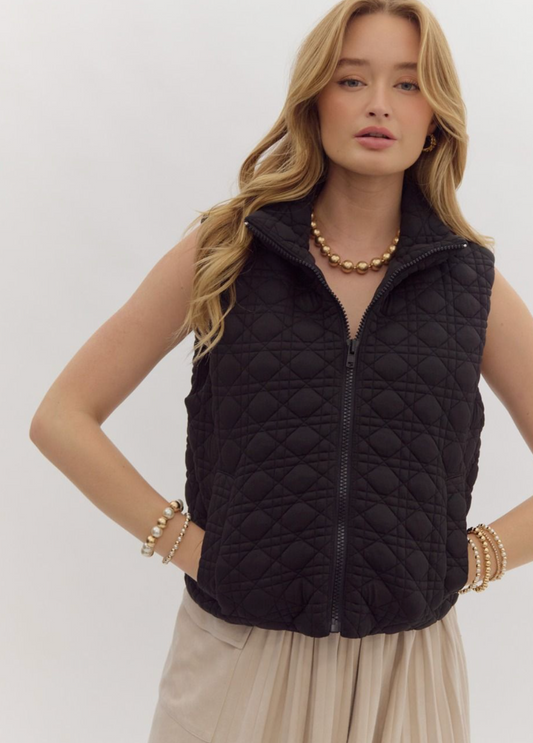 Solid Textured Zip Up Cropped Vest-Black