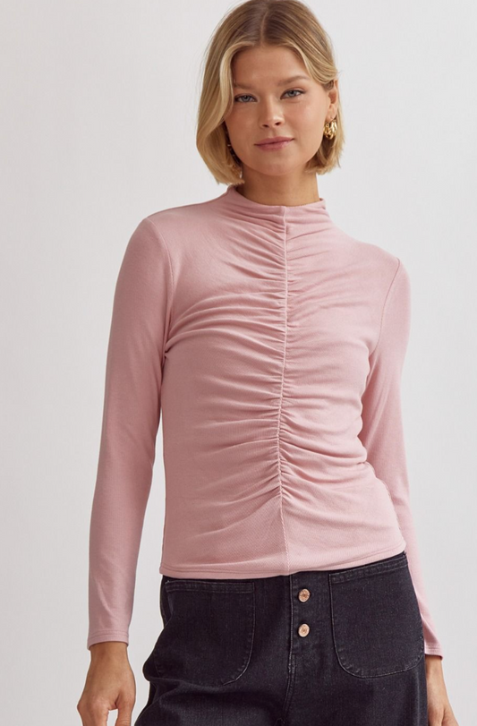 Ribbed Mock Neck Long Sleeve- Pink Blush