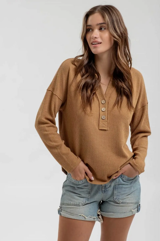 Half Button V Neck Long Sleeve Knit Top-Almond