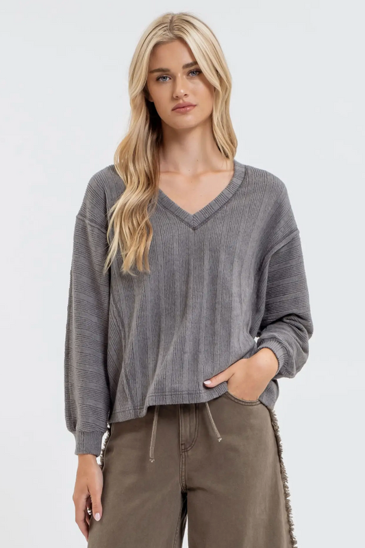 V Neck Long Sleeve Knit Top-charcoal