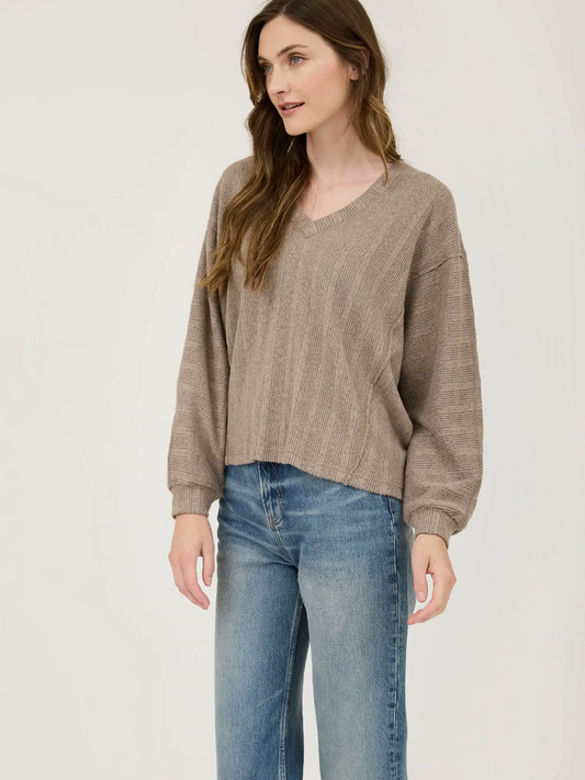 V Neck Long Sleeve Knit Top-Taupe