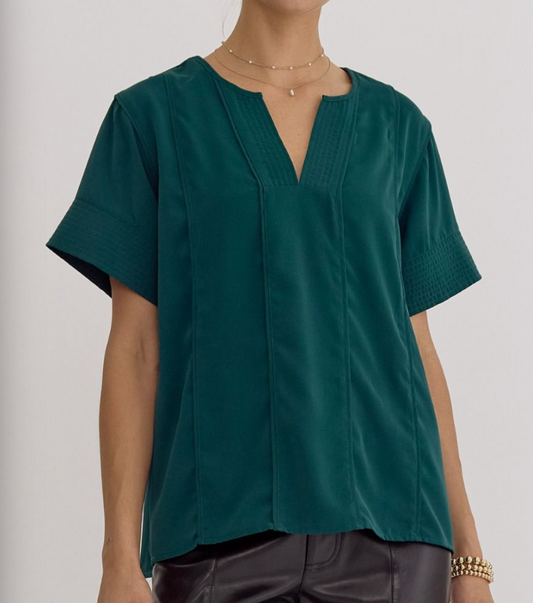 Solid V-Neck Short Sleeve Top - Hunter Green