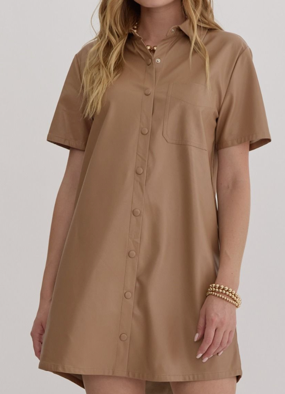 Faux Leather Collared Button up Mini Dress - Camel