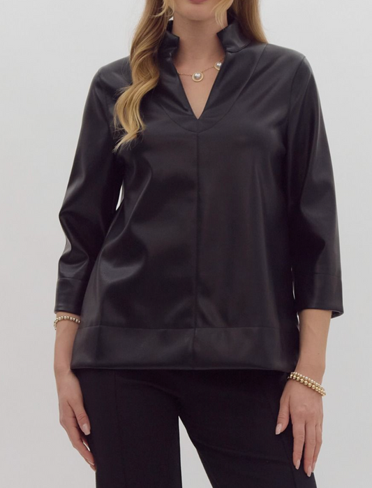 Faux Leather V-Neck 3/4 Sleeve Top - Black