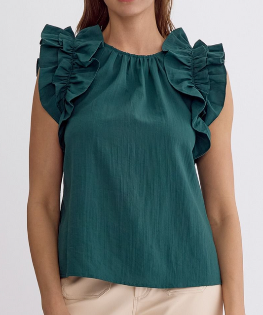 Solid Sleeveless Ruffled Top - Hunter Green